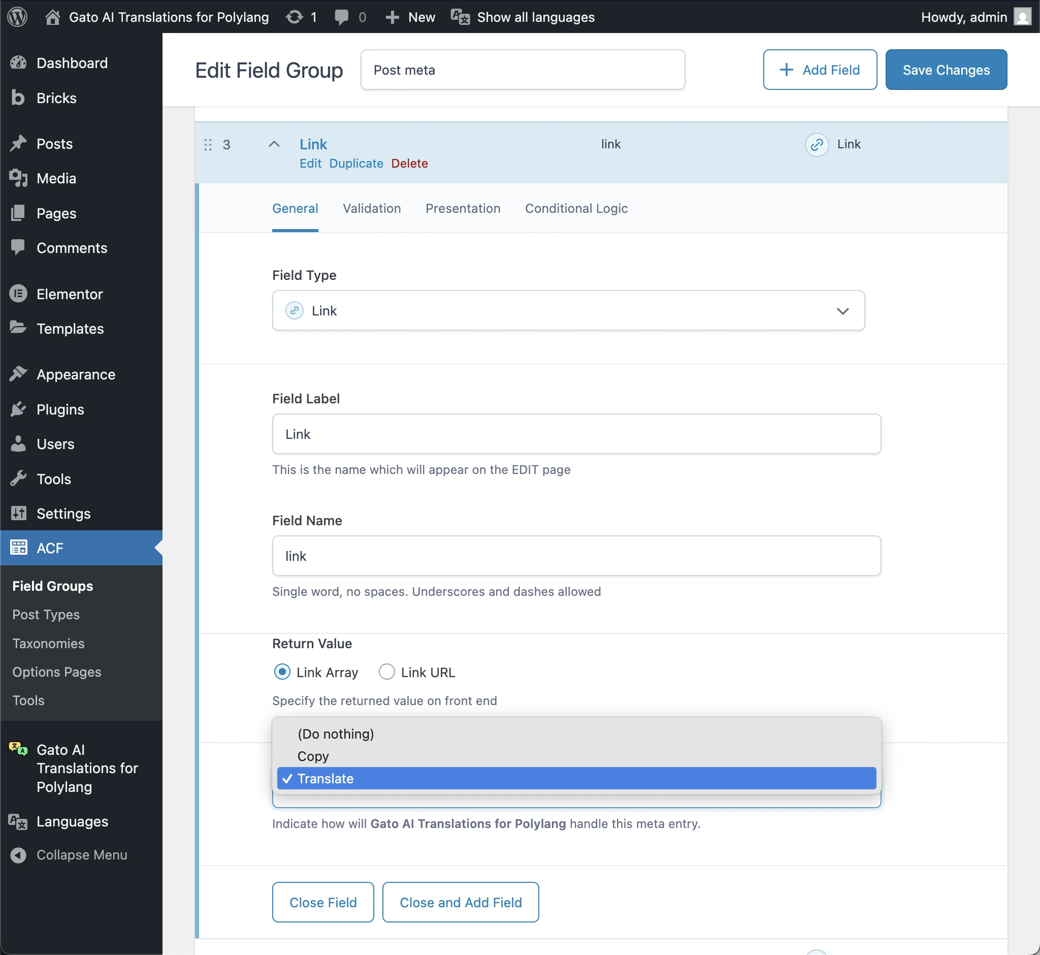 Configuration de l'option de traduction pour un champ ACF