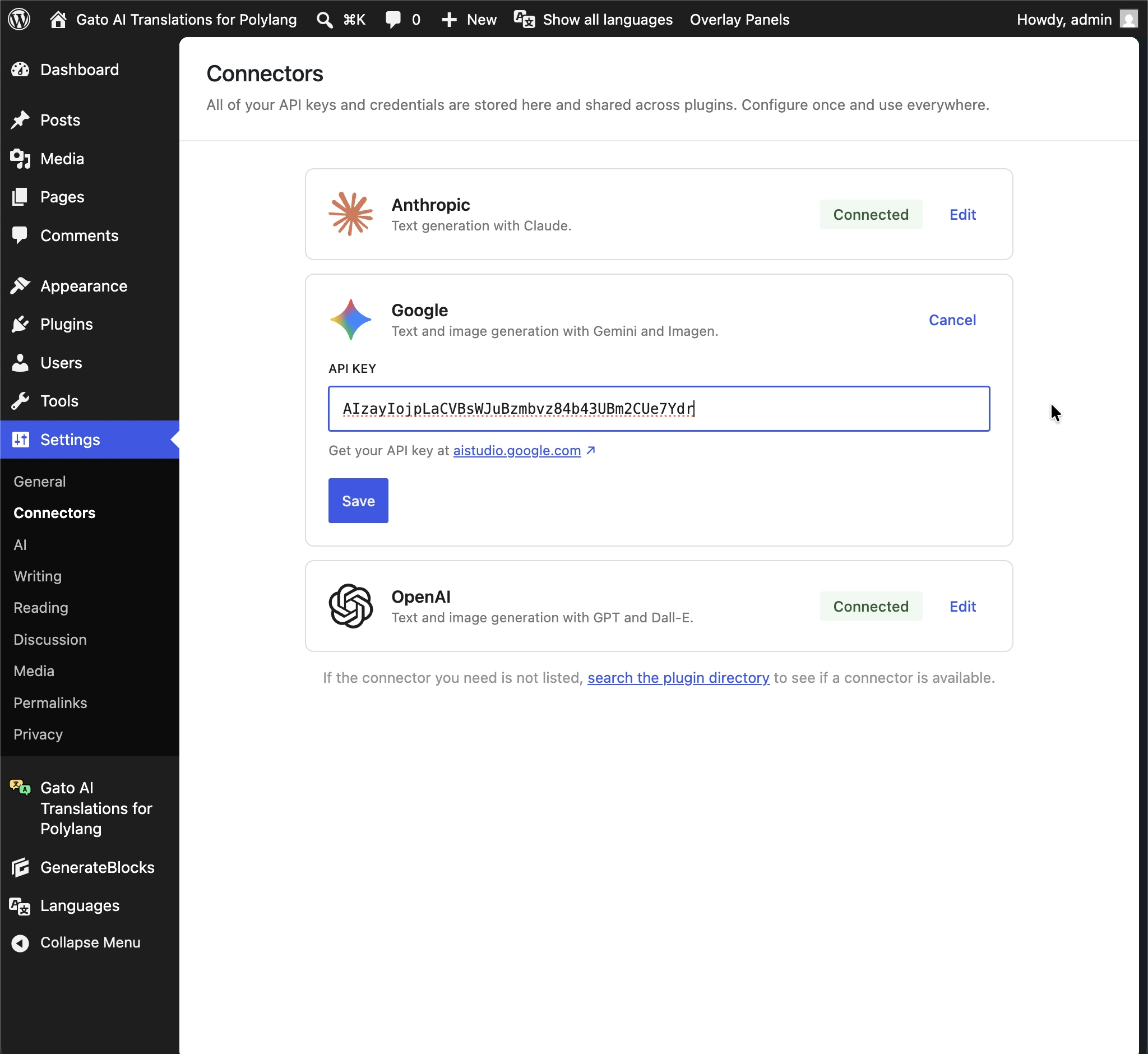 Les clés d'API pour Anthropic, Google et OpenAI sont récupérées depuis WordPress AI Connectors