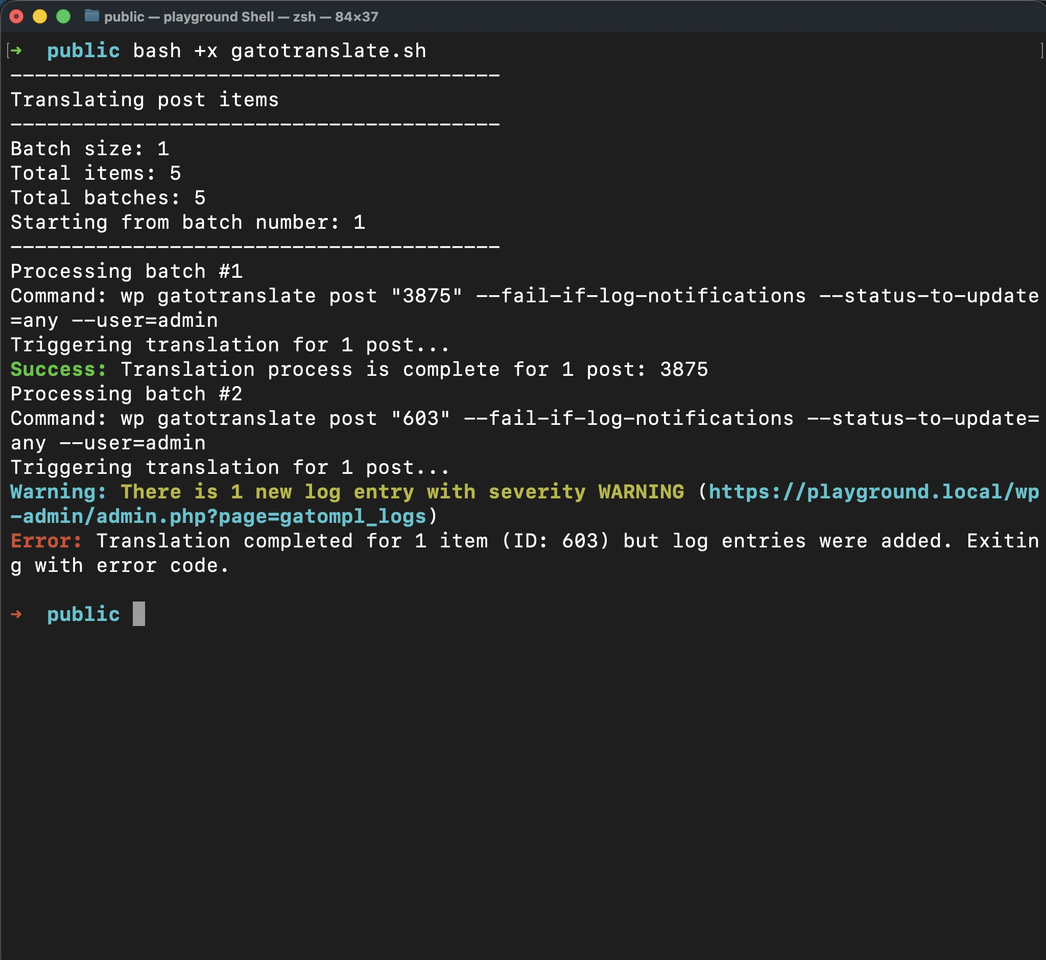 Exécution du script 'gatotranslate.sh' avec le paramètre '--fail-if-log-notifications'