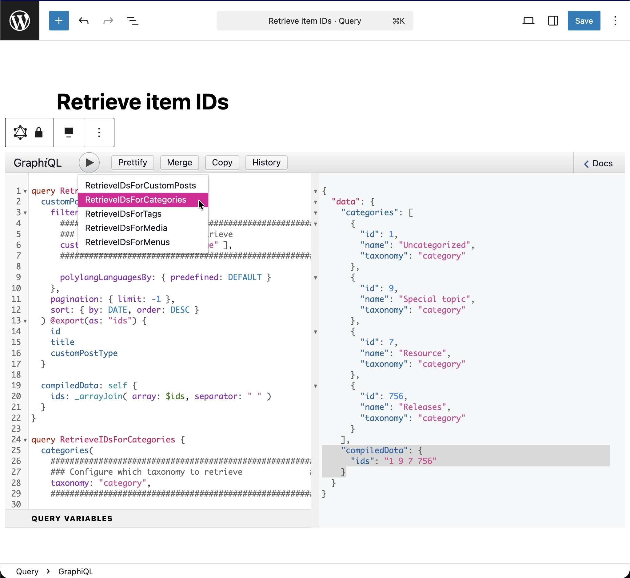 Exécution de la query 'Retrieve item IDs'