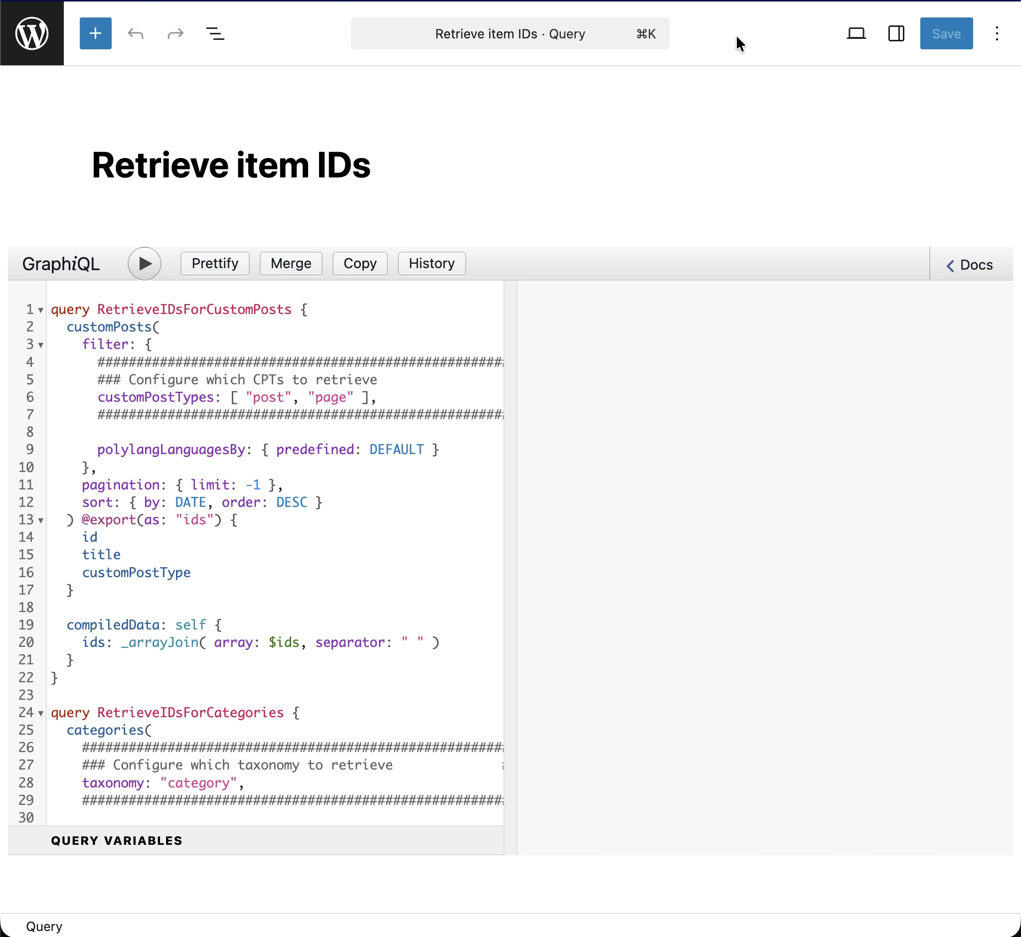 Création de la query 'Retrieve item IDs'