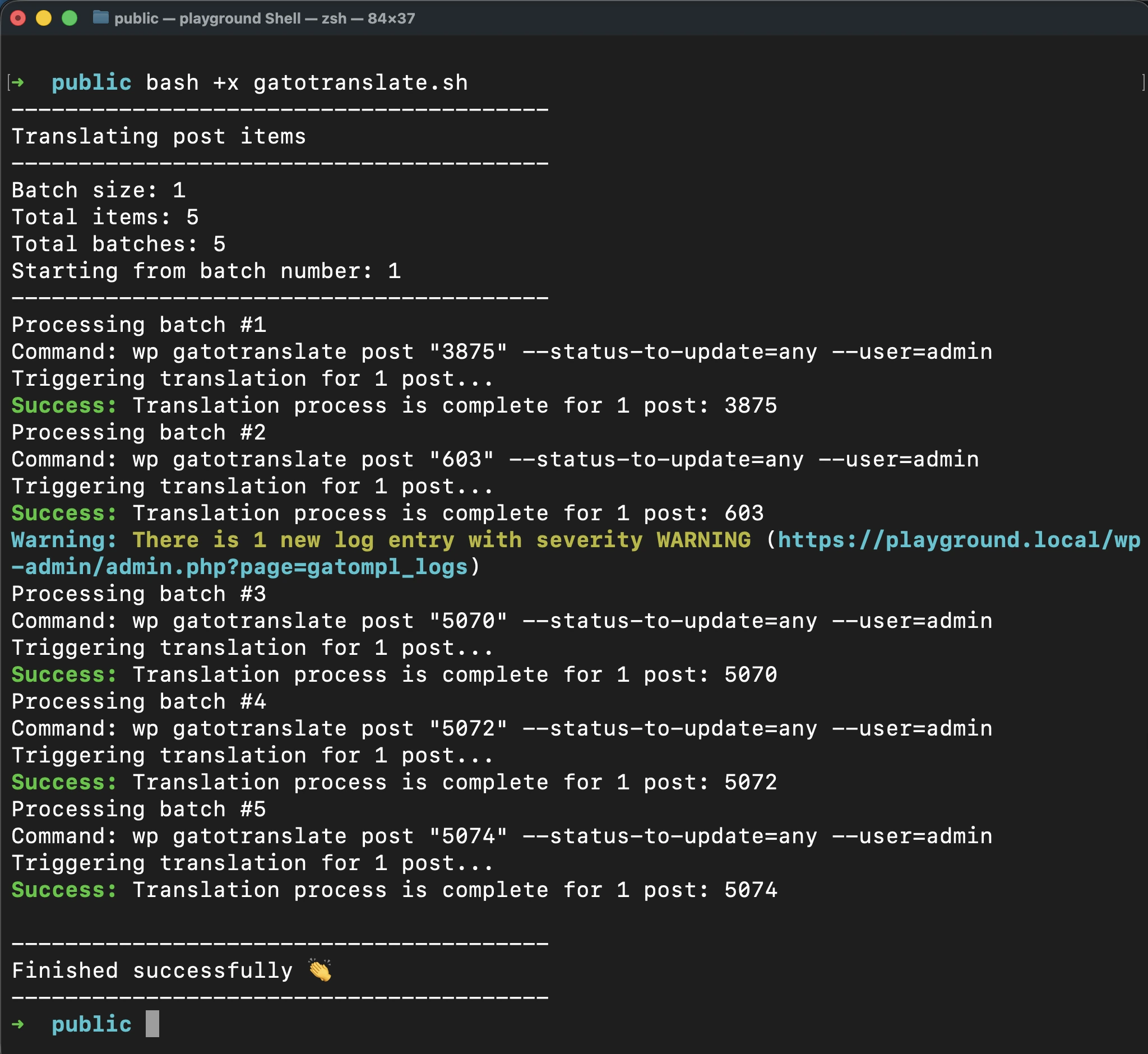 Exécution du script 'gatotranslate.sh'