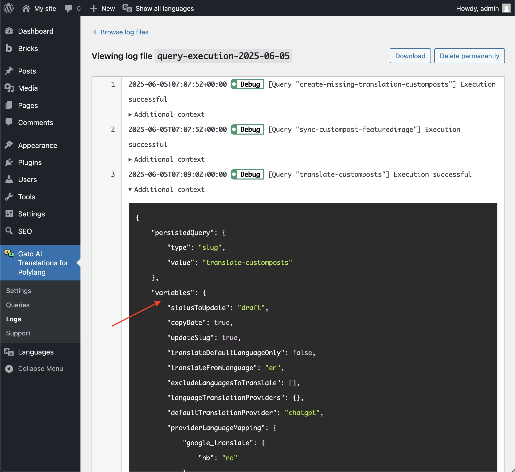 Copie des variables depuis les logs