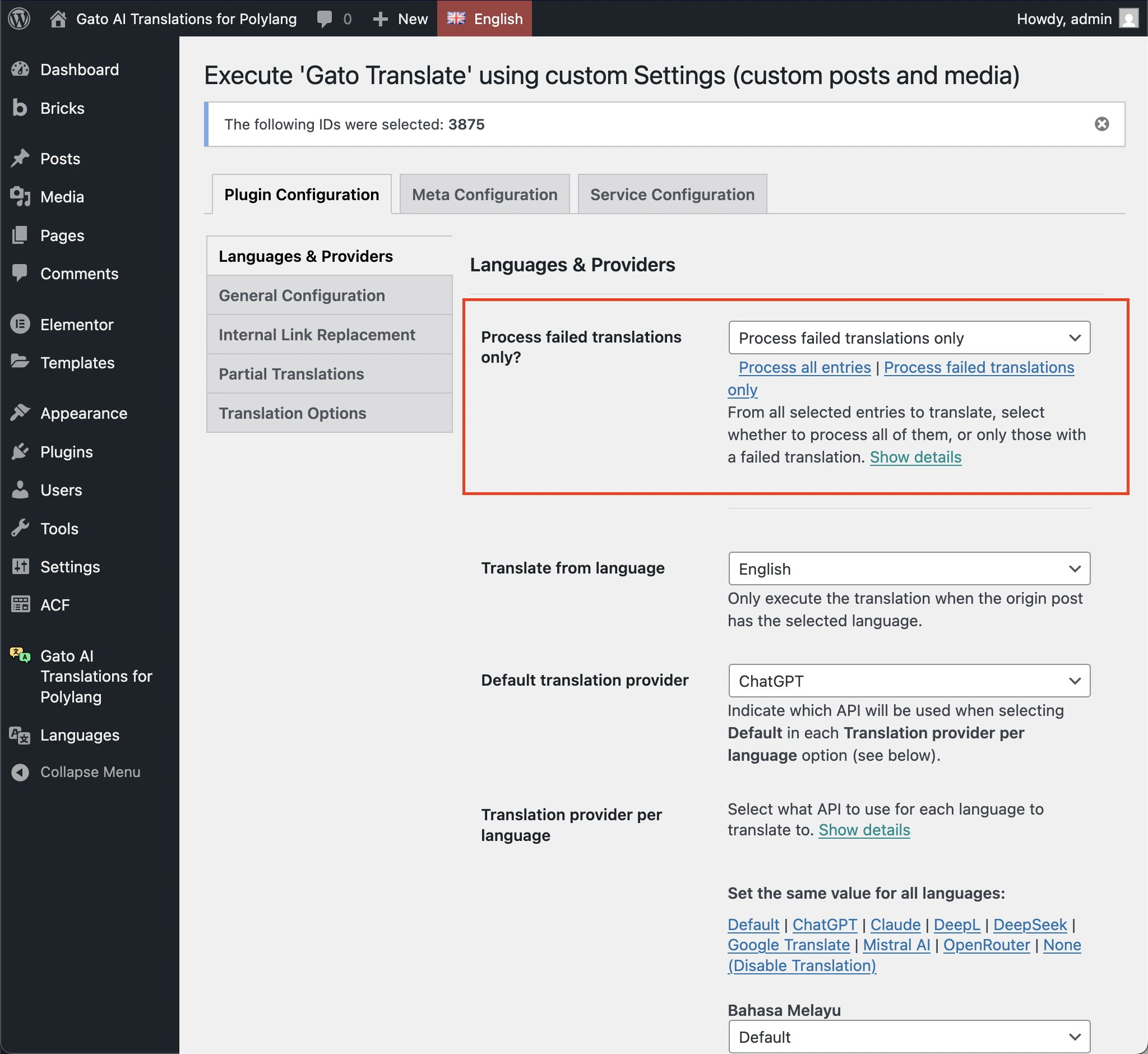 Sélection de l'option 'Process failed translations only' dans la page Settings de 'Gato Translate (Custom)'