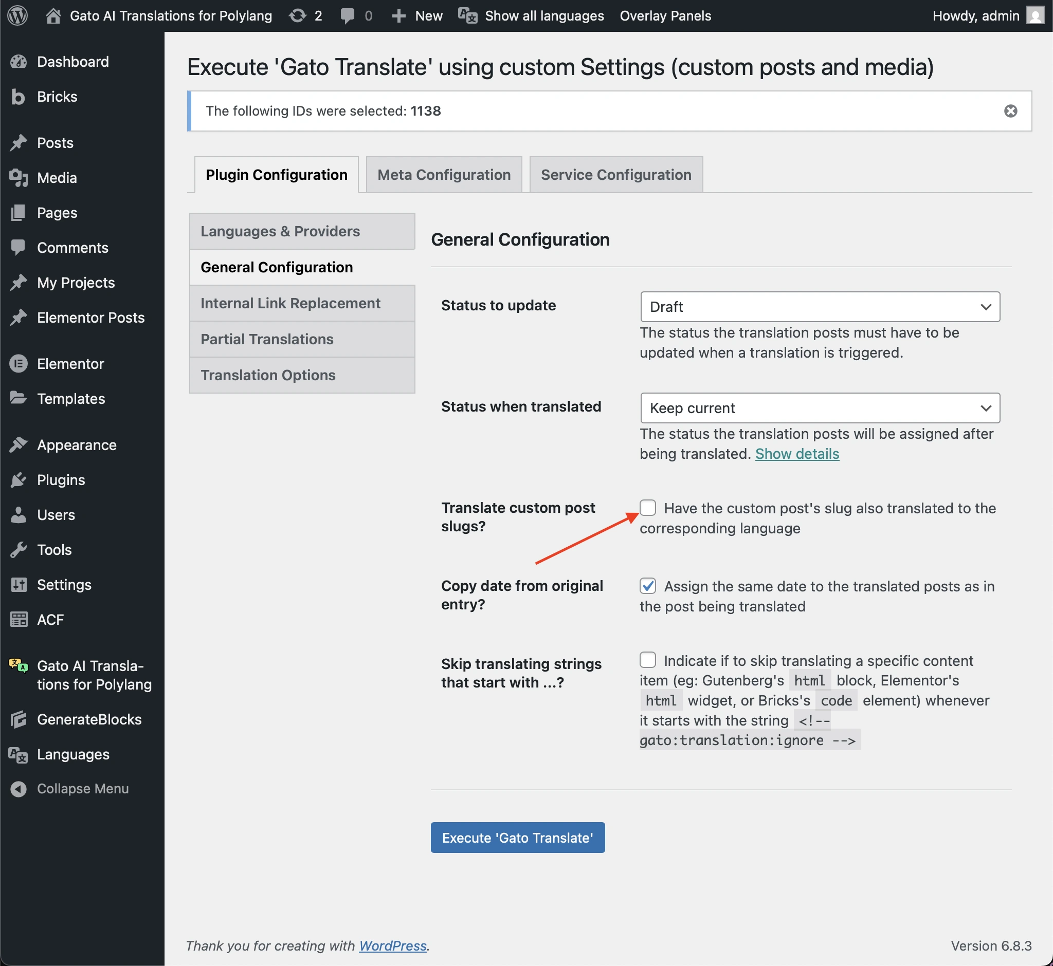 Décochage de l'option 'Translate custom post slugs?'