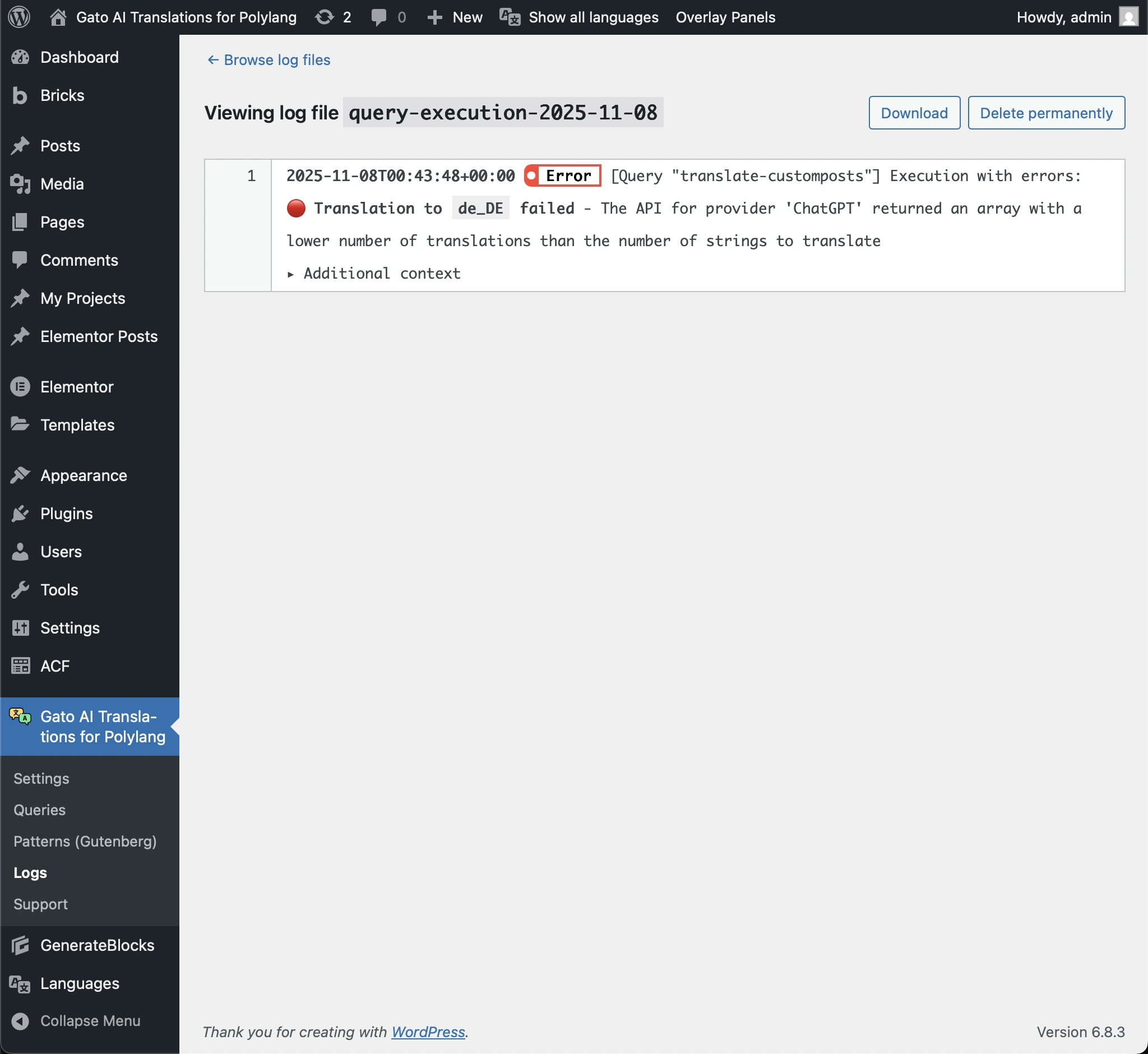 La traduction a échoué pour la langue allemande