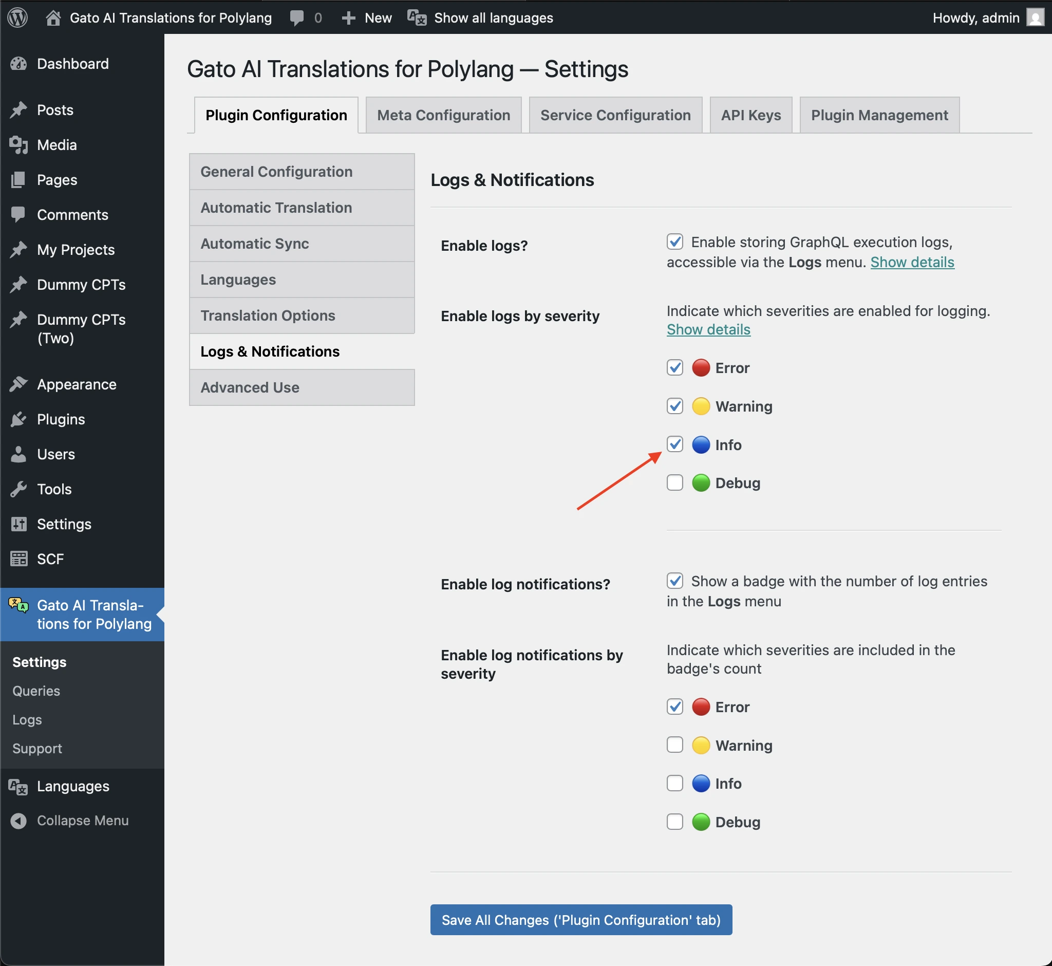 Activer la sévérité Info dans les paramètres de Logs & Notifications