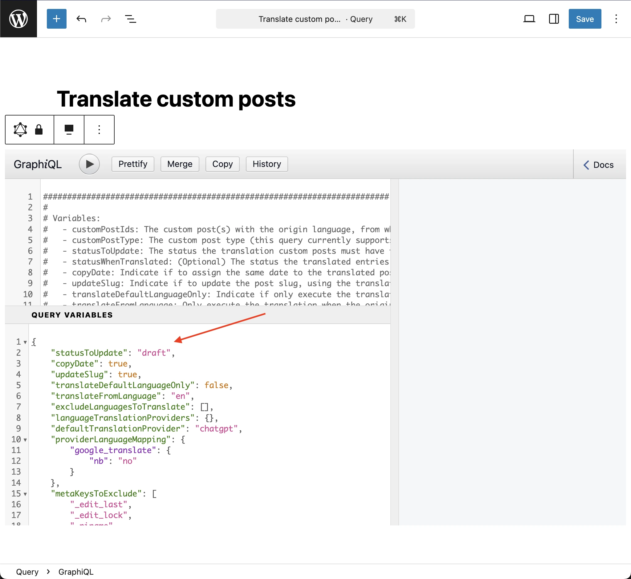 Collage des variables dans le client GraphiQL