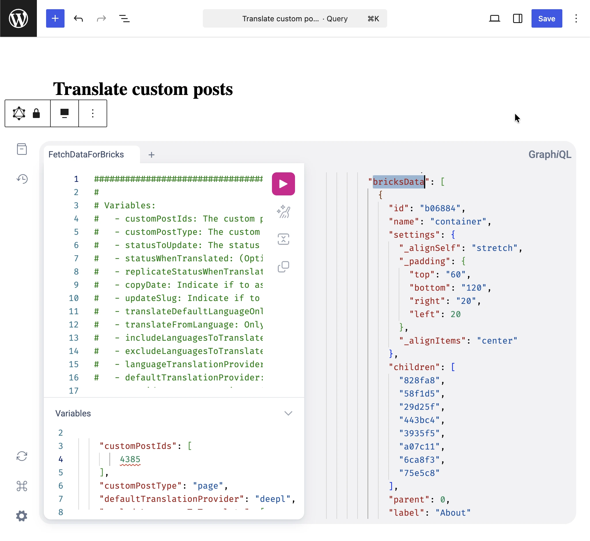 Inspection de bricksData dans la réponse GraphQL de Translate custom posts