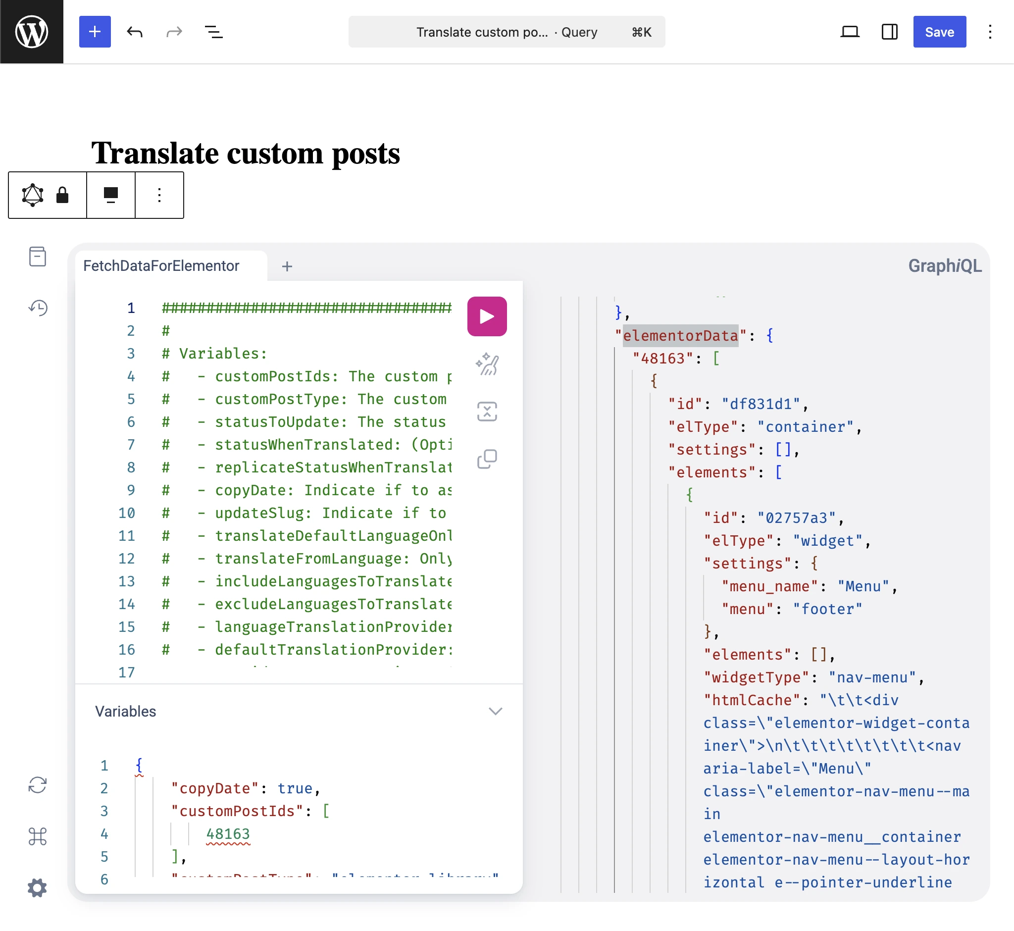 Inspection d'elementorData dans la réponse GraphQL de Translate custom posts