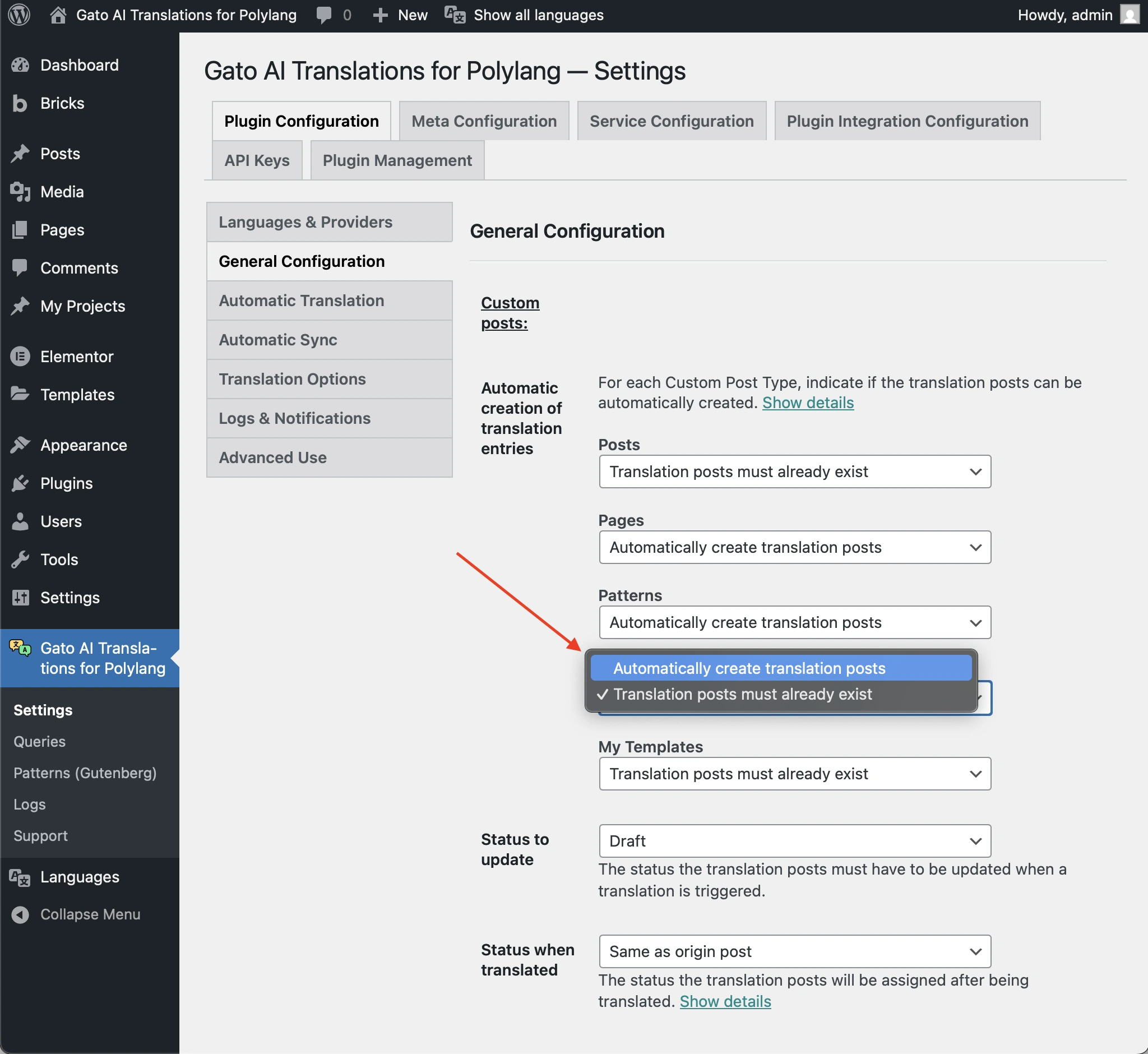 Définir l'option 'Automatic creation of translation entries'