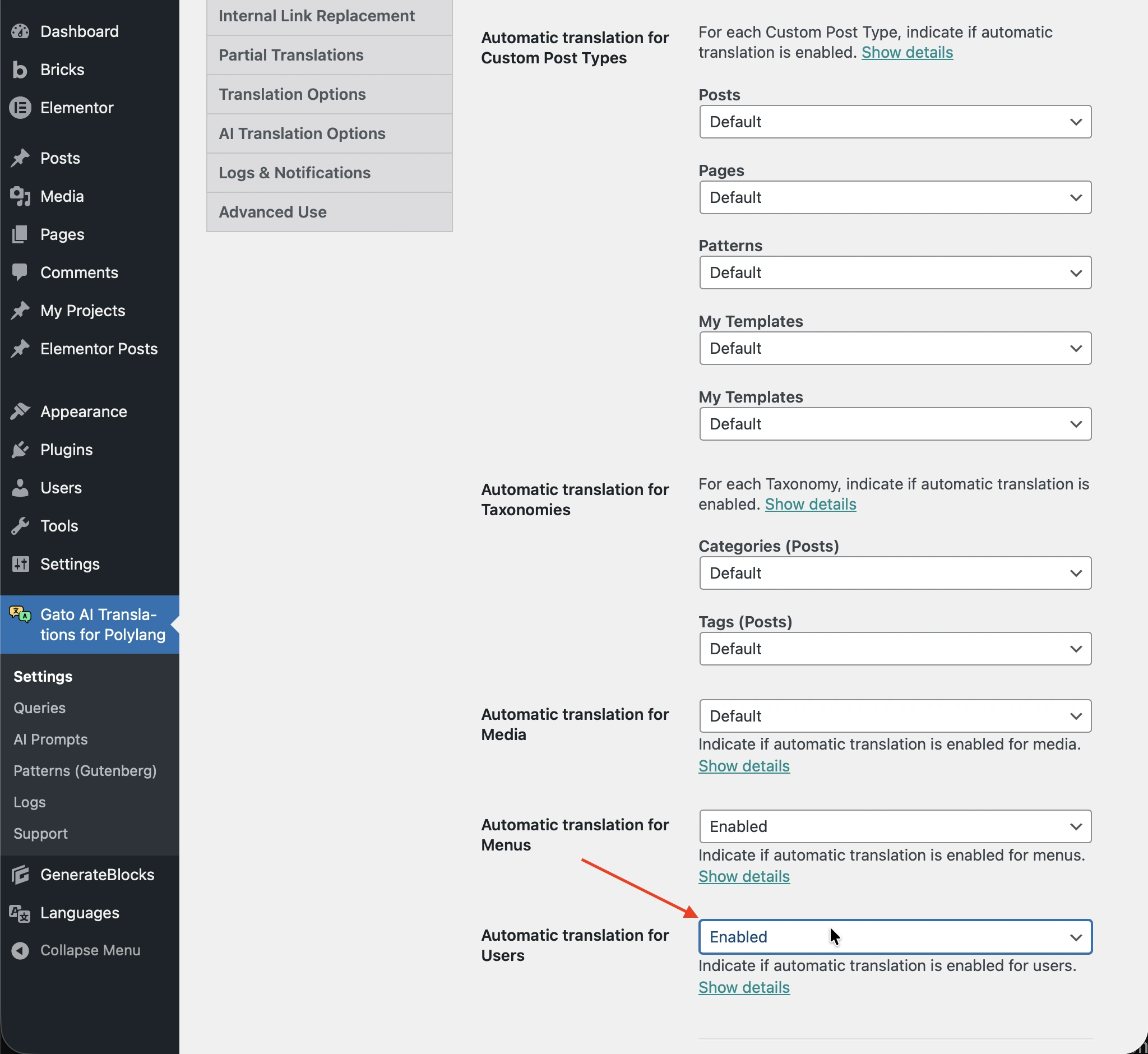 Activation de la traduction automatique pour les utilisateurs