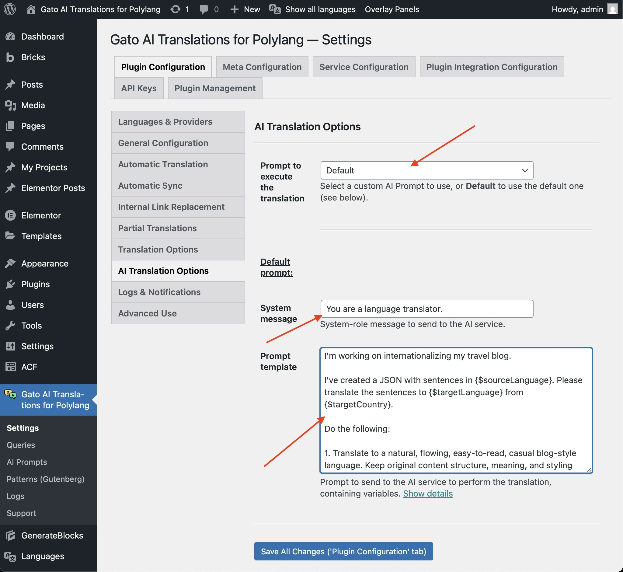 Remplacement du prompt par défaut dans les Réglages