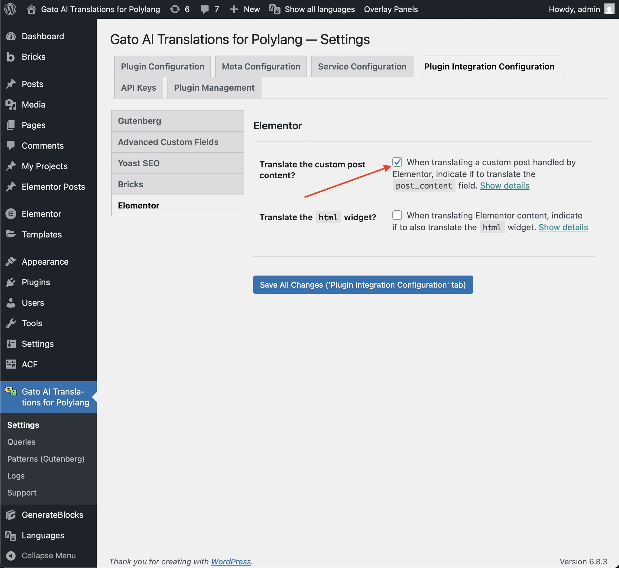 Configuration de l'option 'Translate content' pour Elementor