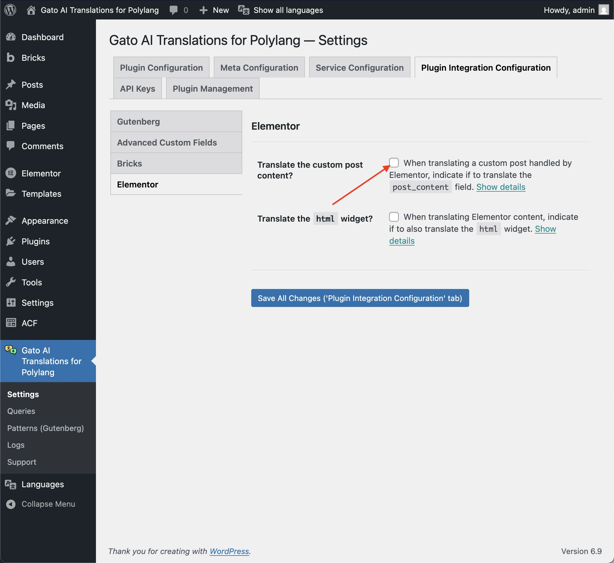 Désactivation de l'option 'Translate content' pour Elementor