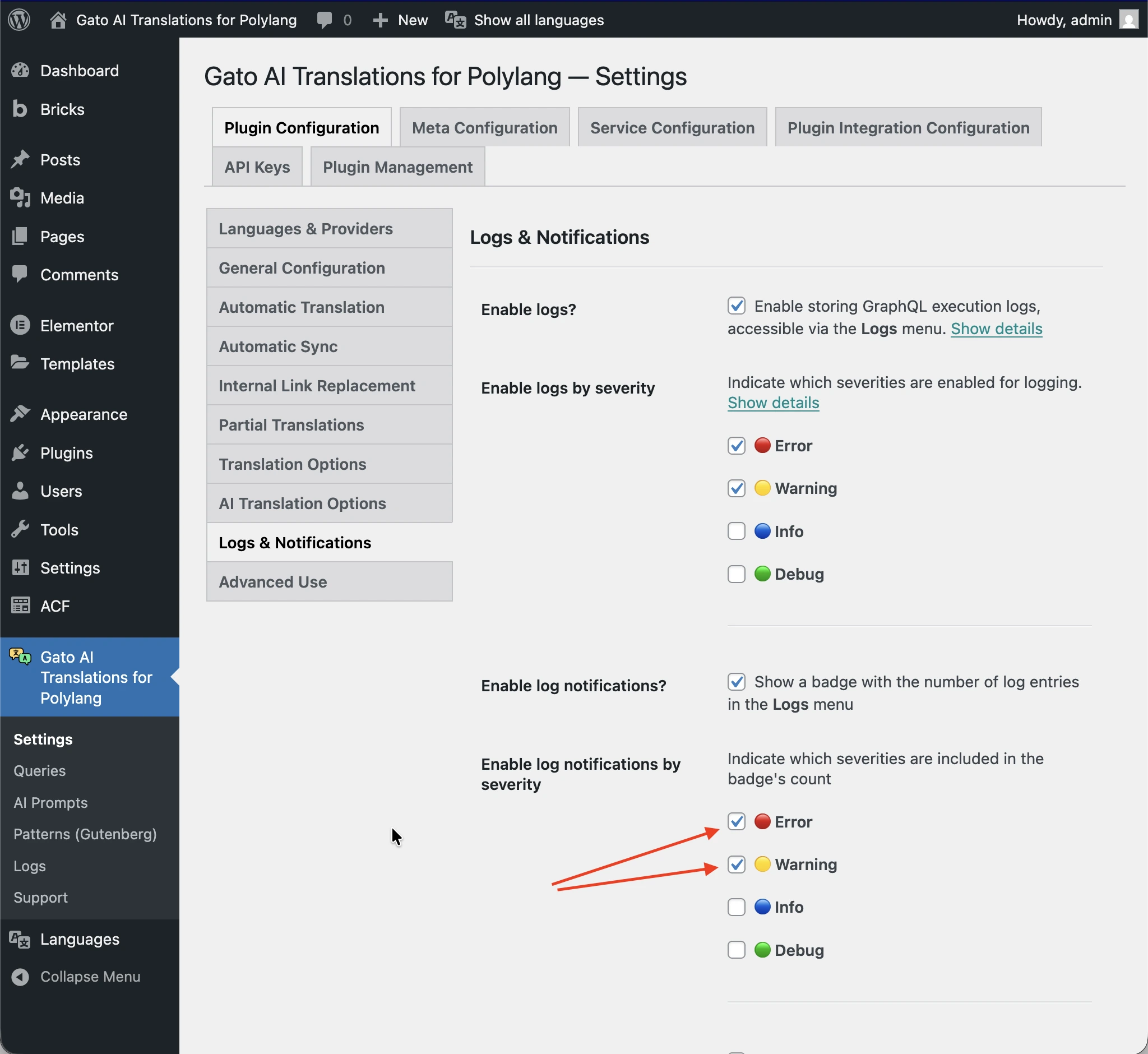 Notifications de log activées par sévérité