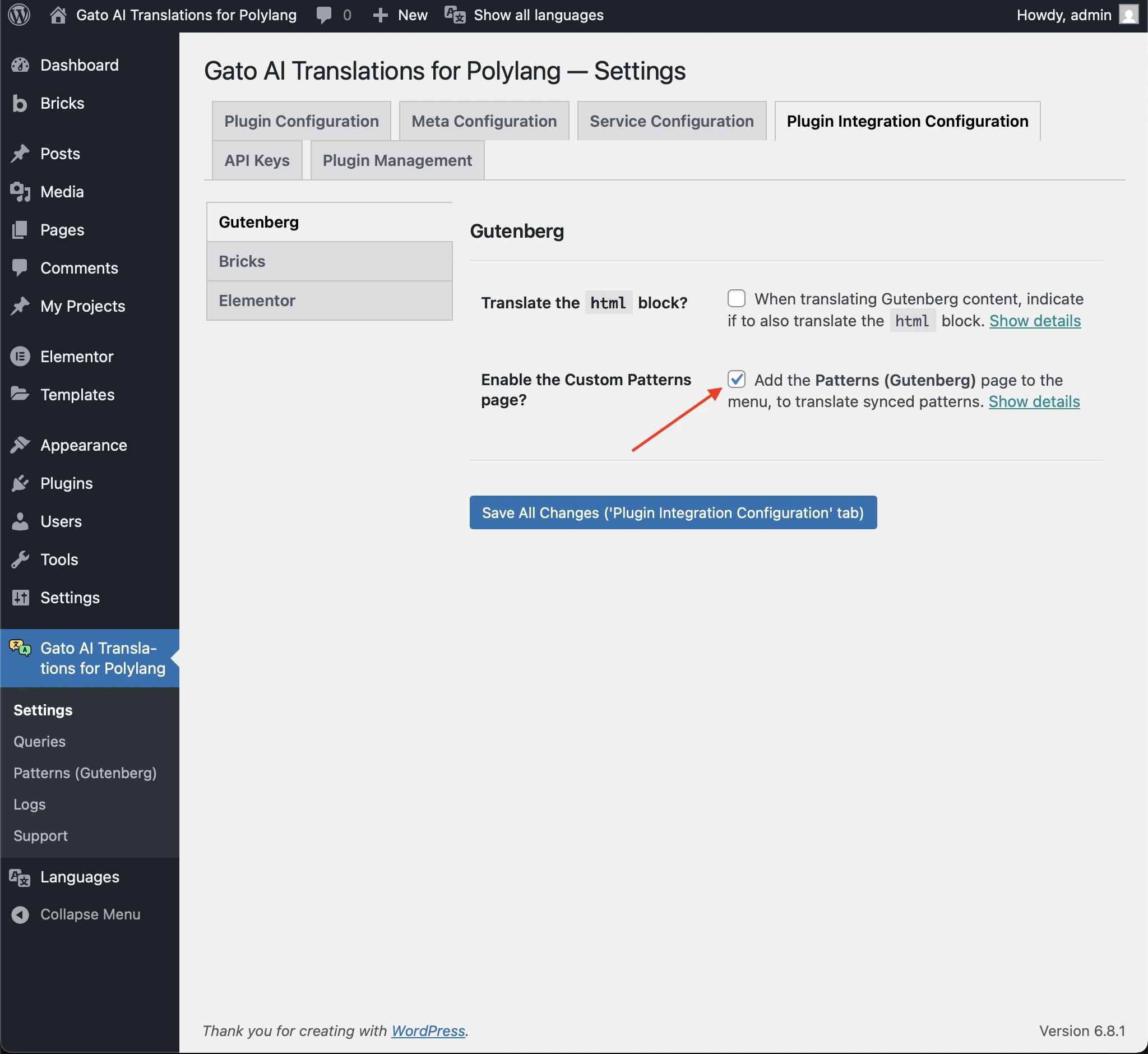 Activer la page personnalisée des Patterns dans les Settings