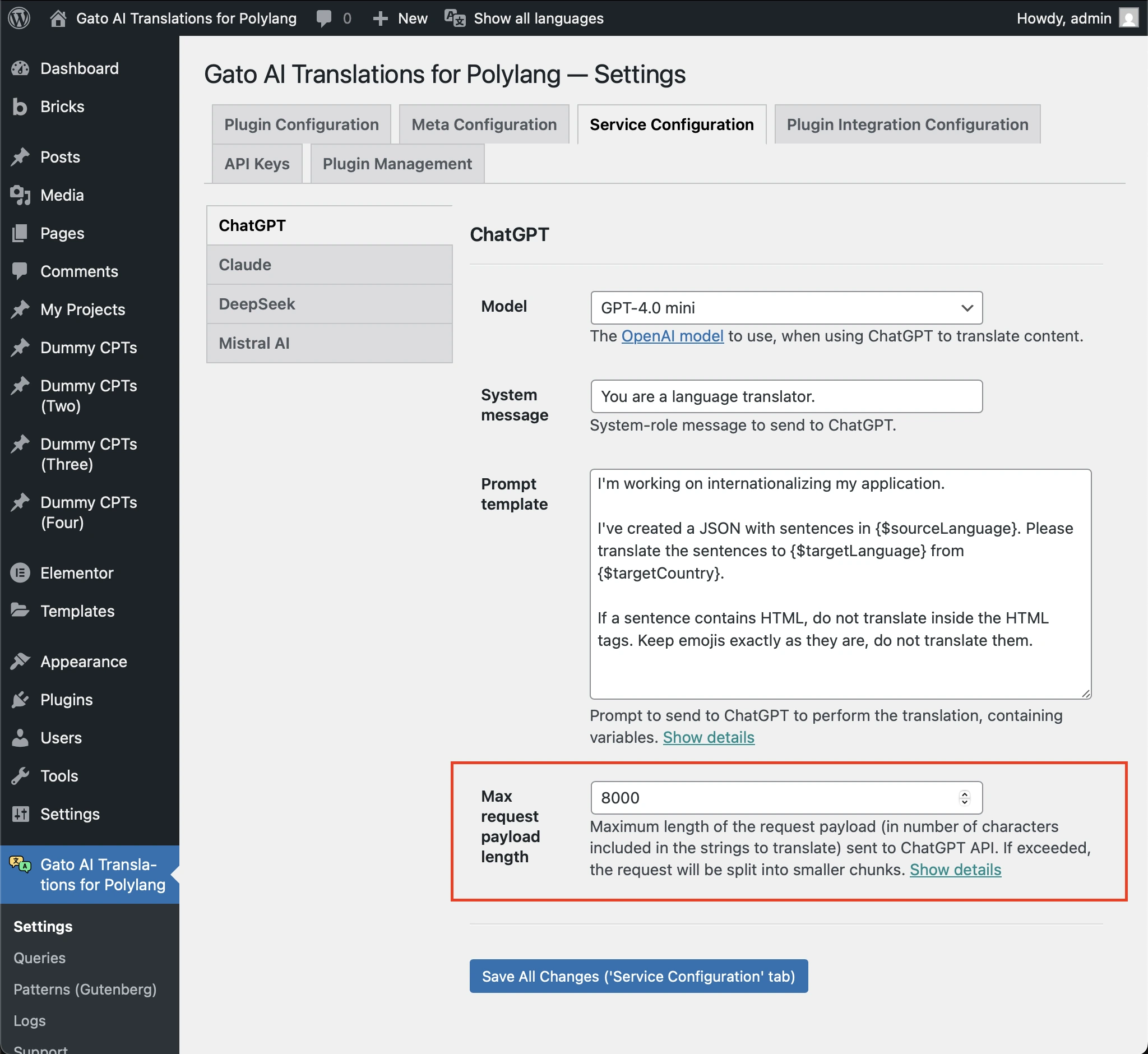 Configuration de l'option 'Max request payload length'