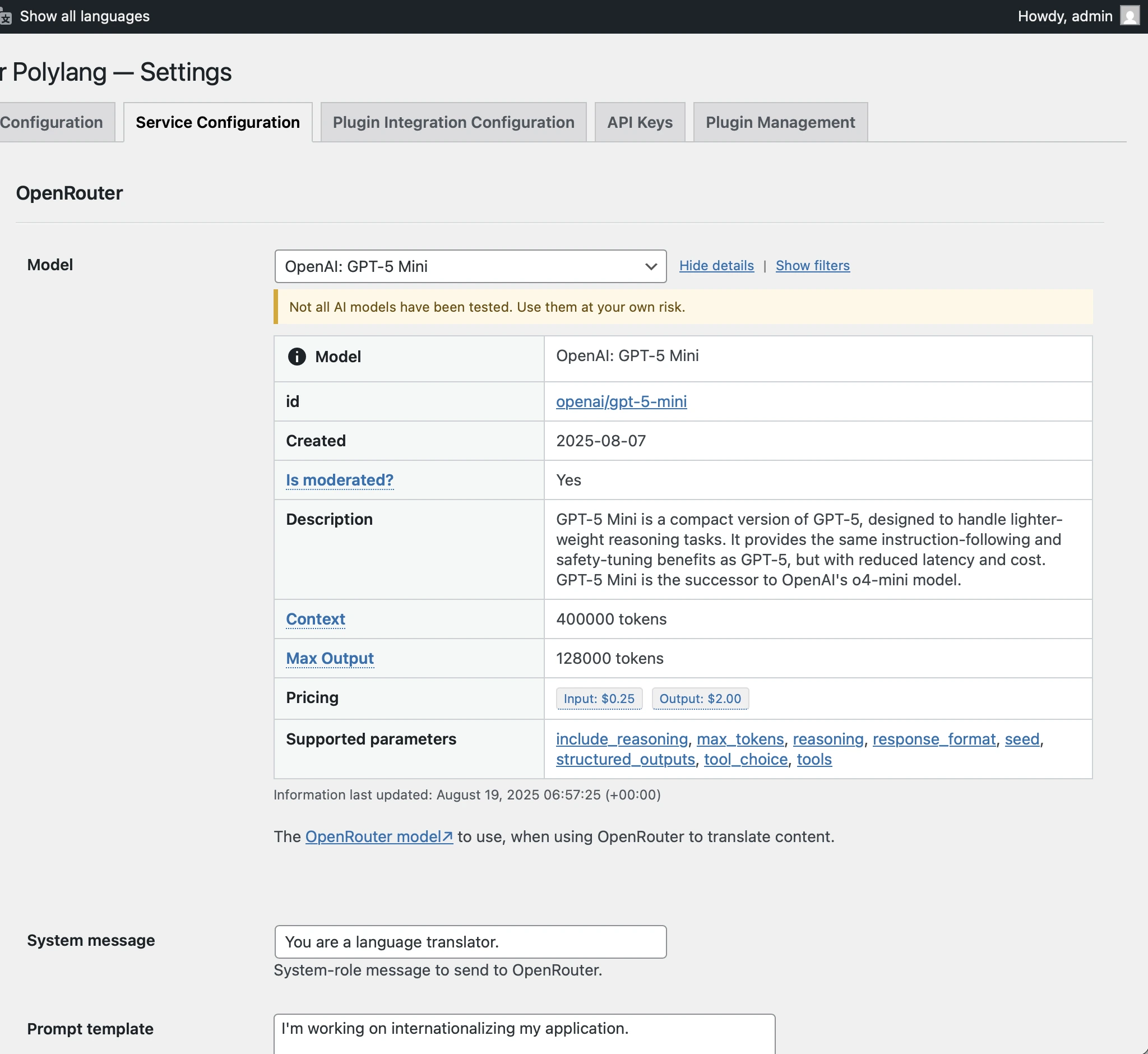 Affichage des détails d'un modèle IA disponible sur OpenRouter