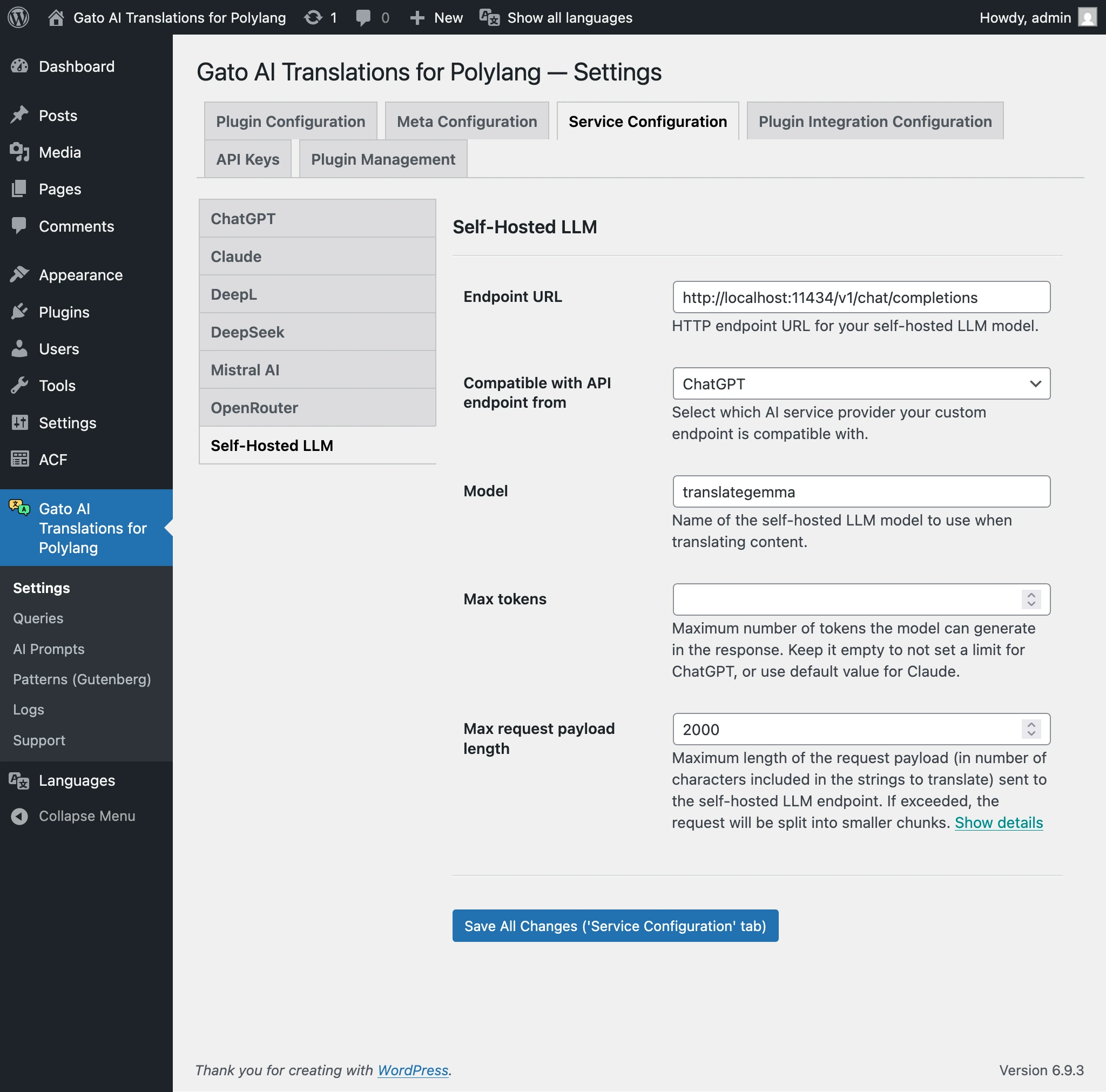 Configuration d'un LLM auto-hébergé dans les Réglages