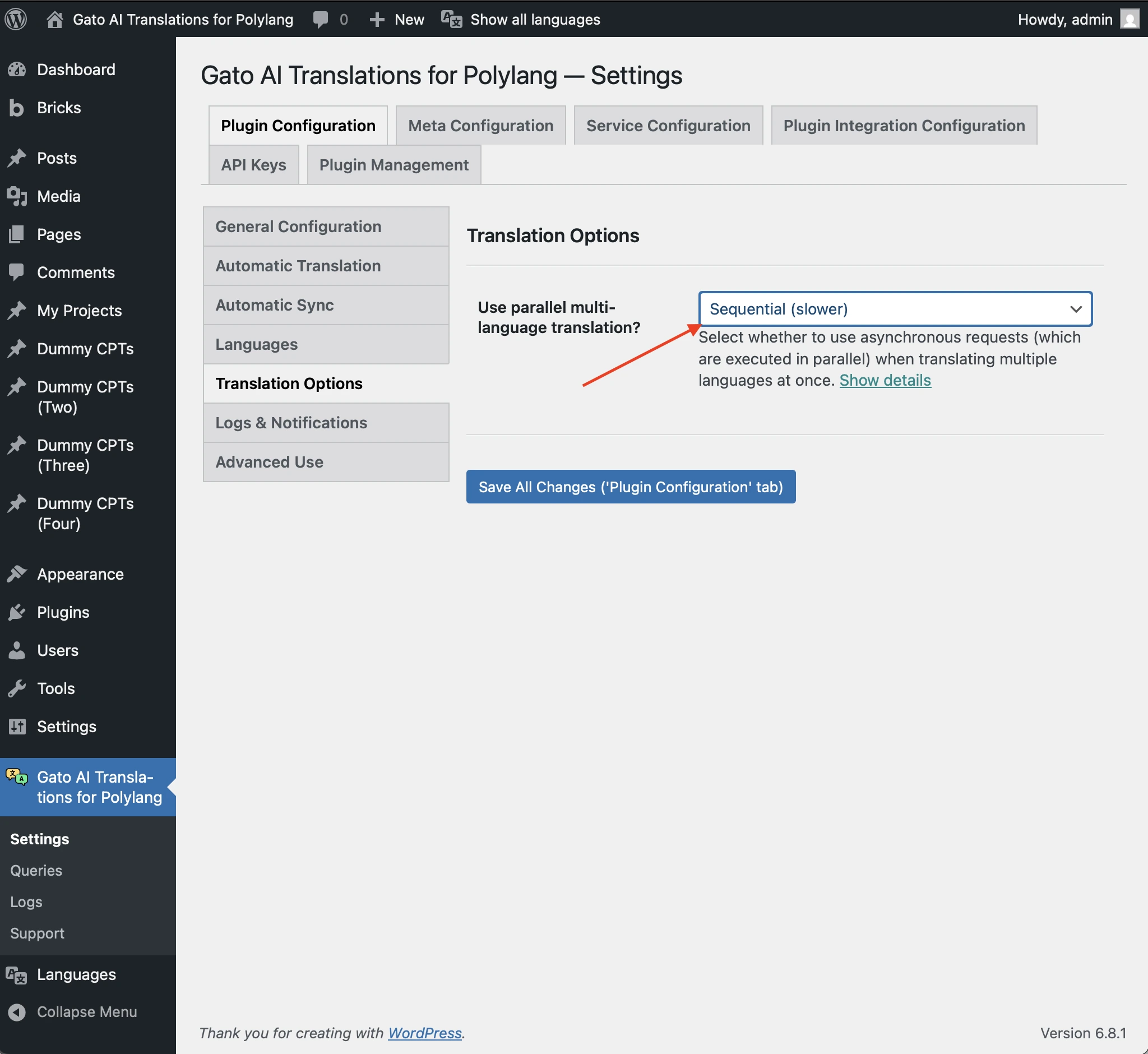 Configuration de l'option 'Use parallel multi-language translation?' sur 'Sequential (slower)'