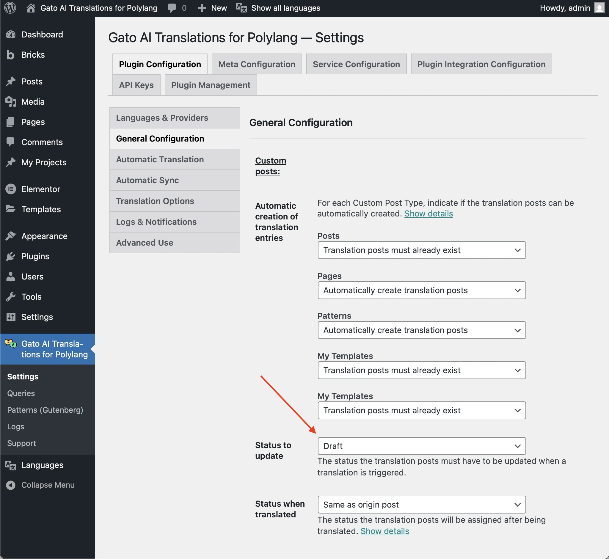 Configuration de l'option 'Status to update'