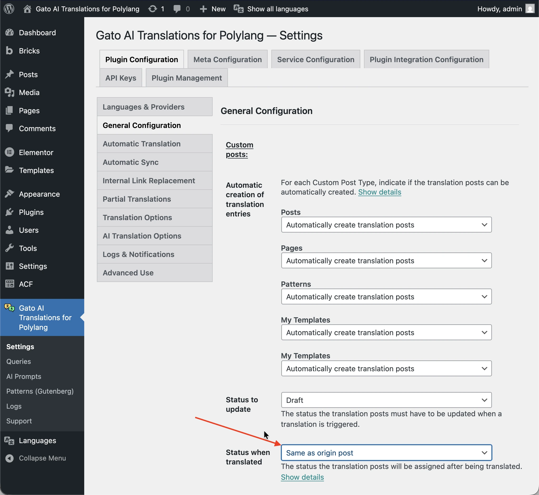 Réglage de l'option 'Status when translated' sur 'Publish' ou 'Same as origin post'