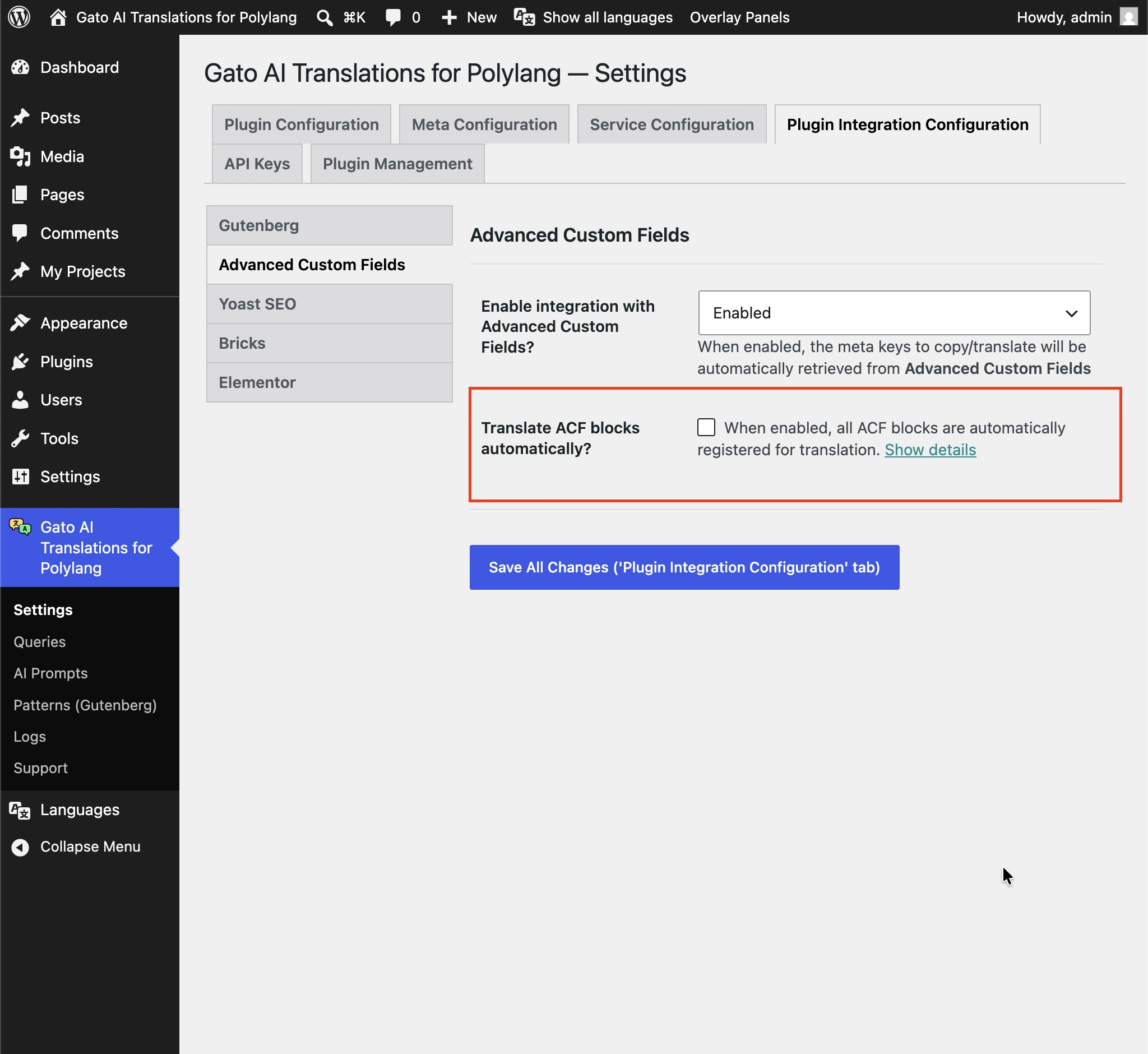 Activation de la traduction automatique pour les blocs ACF