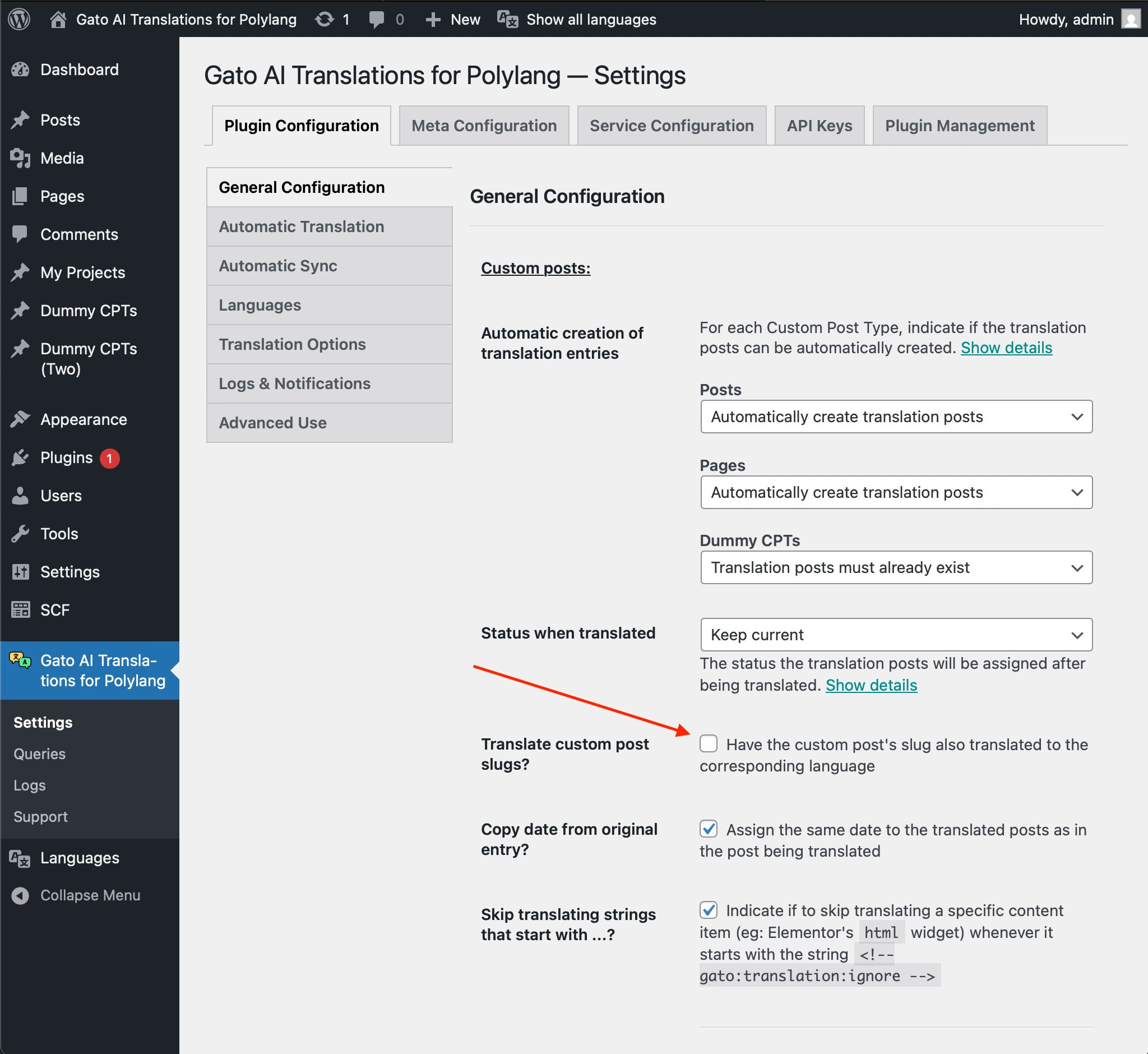 Désactivation des traductions pour les slugs de custom posts dans les Réglages