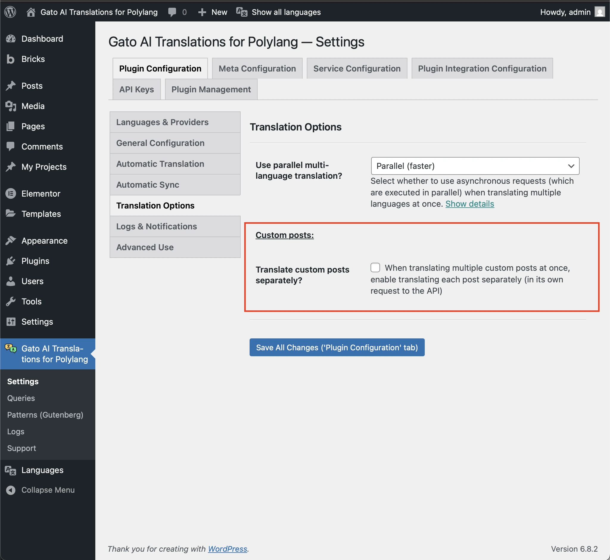 Option 'Translate custom posts separately?' dans les Réglages