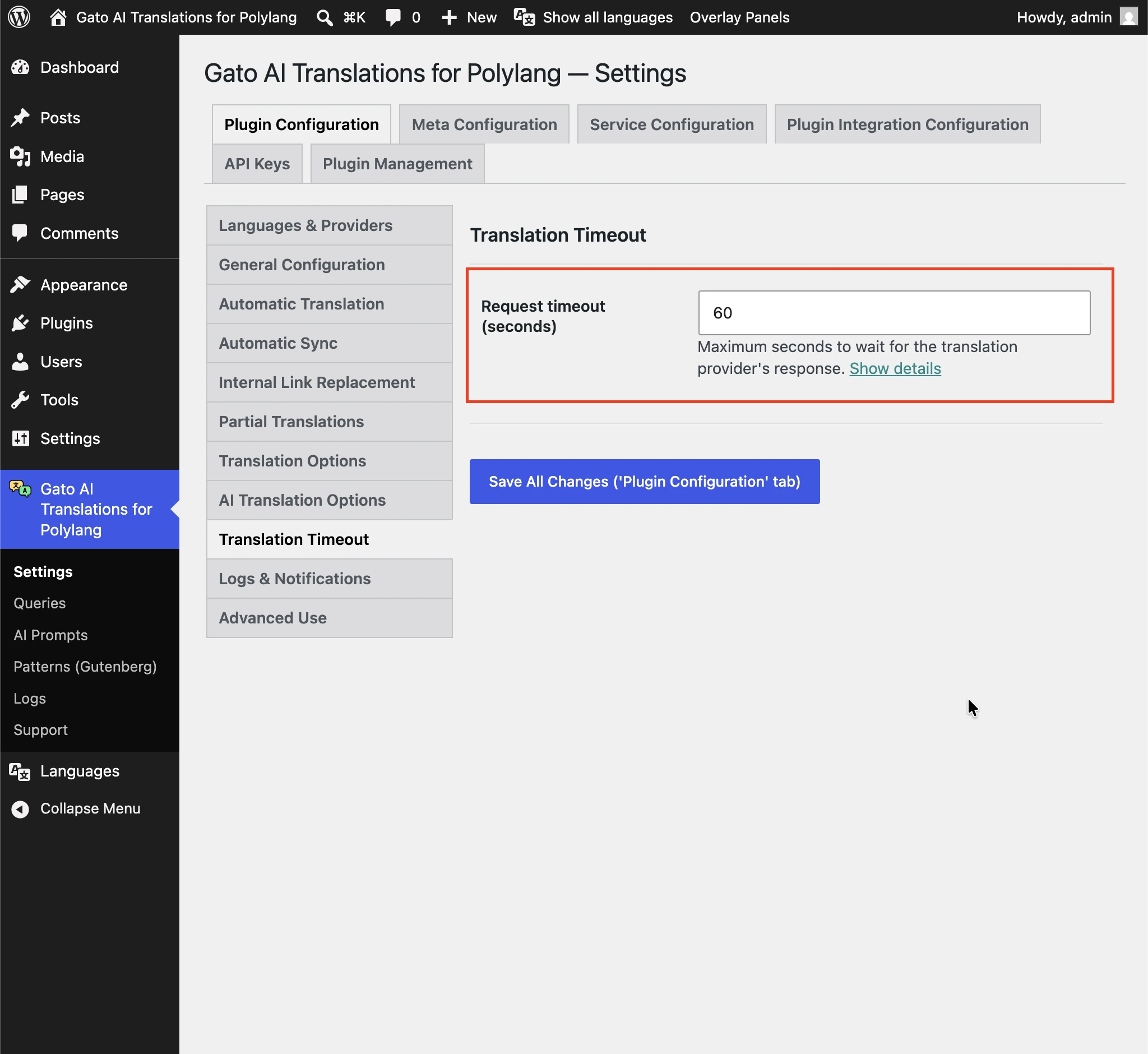 Configuration de l'option Translation Timeout