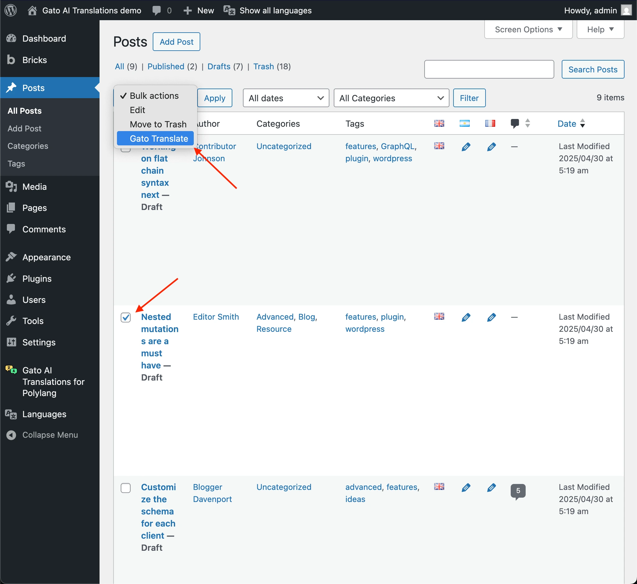 Traduction de plusieurs articles à la fois via Bulk Actions → Gato Translate