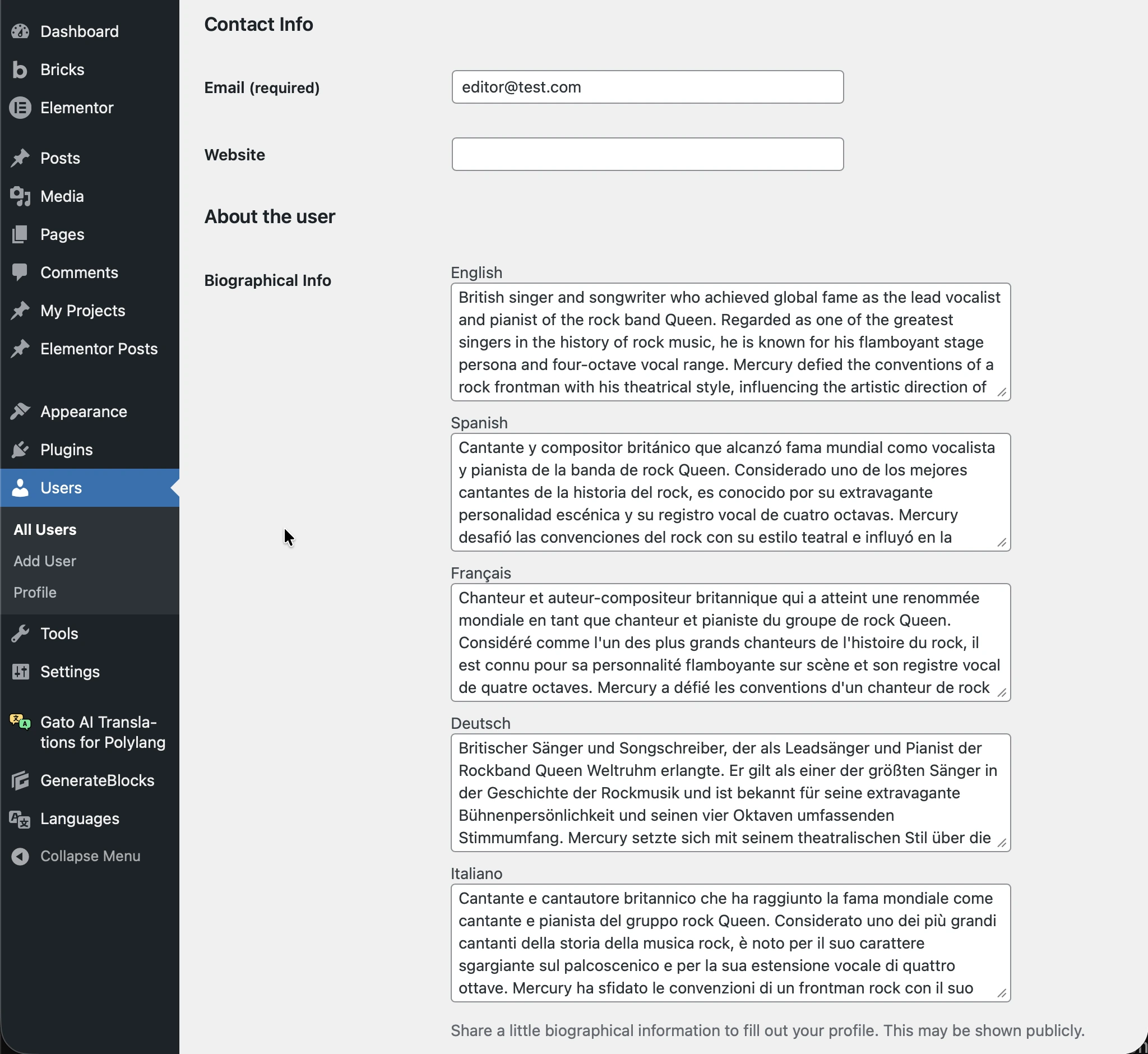 Profil utilisateur avec description traduite