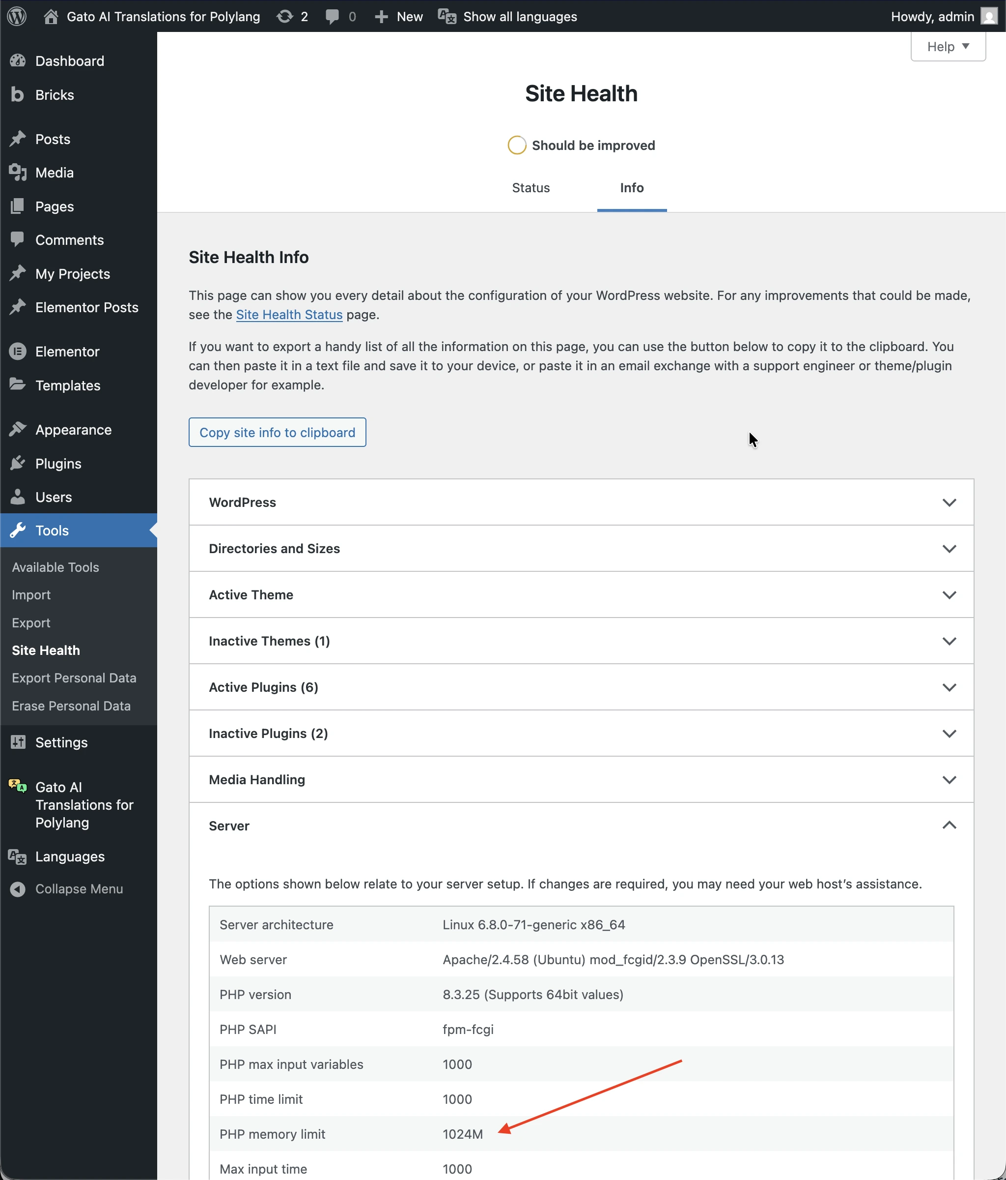 Vérification de la limite de mémoire PHP dans la Santé du site WordPress