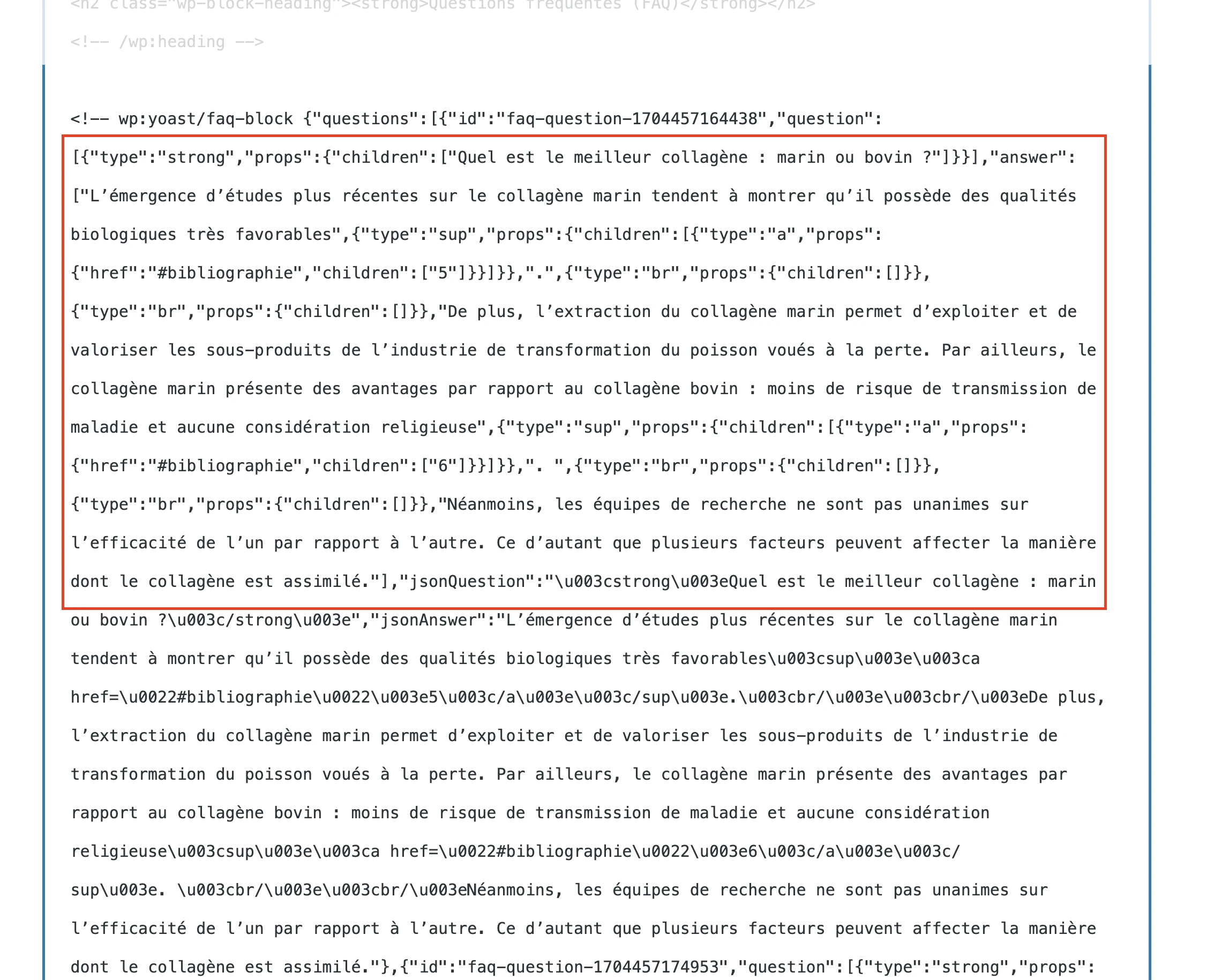 Code pour le bloc Yoast FAQ avec balises HTML