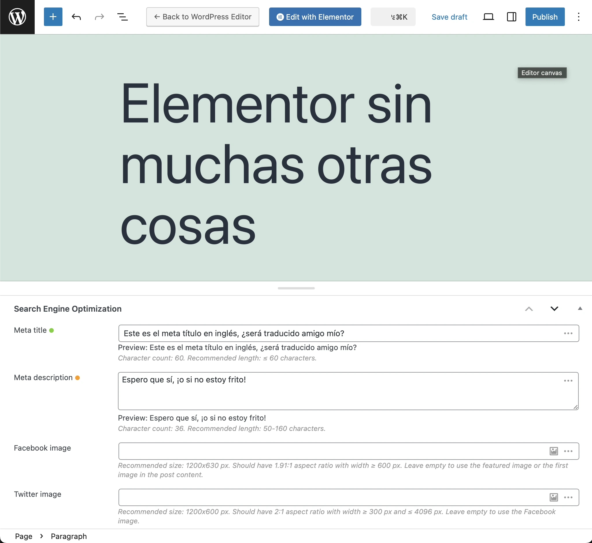 Page traduite en espagnol, avec les meta Slim SEO traduits