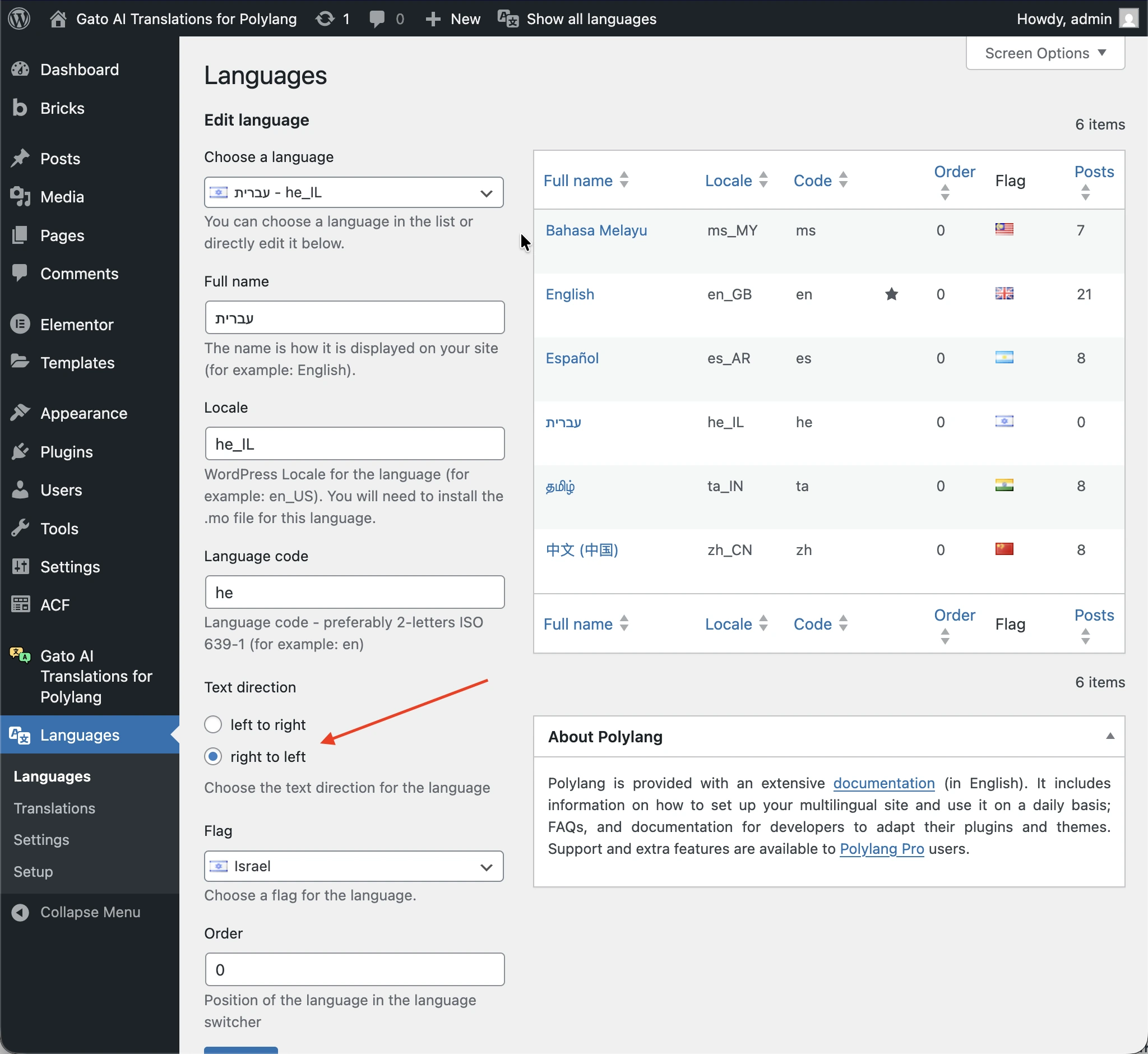 Configuration des langues Polylang montrant les langues RTL