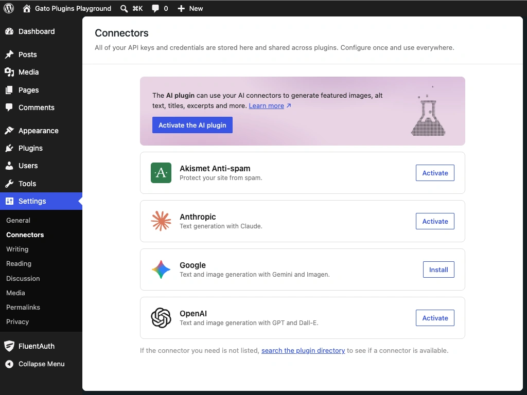 Écran d'administration des connecteurs IA de WordPress