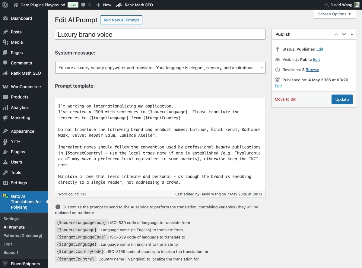 Éditeur de prompt personnalisé dans Gato AI Translations